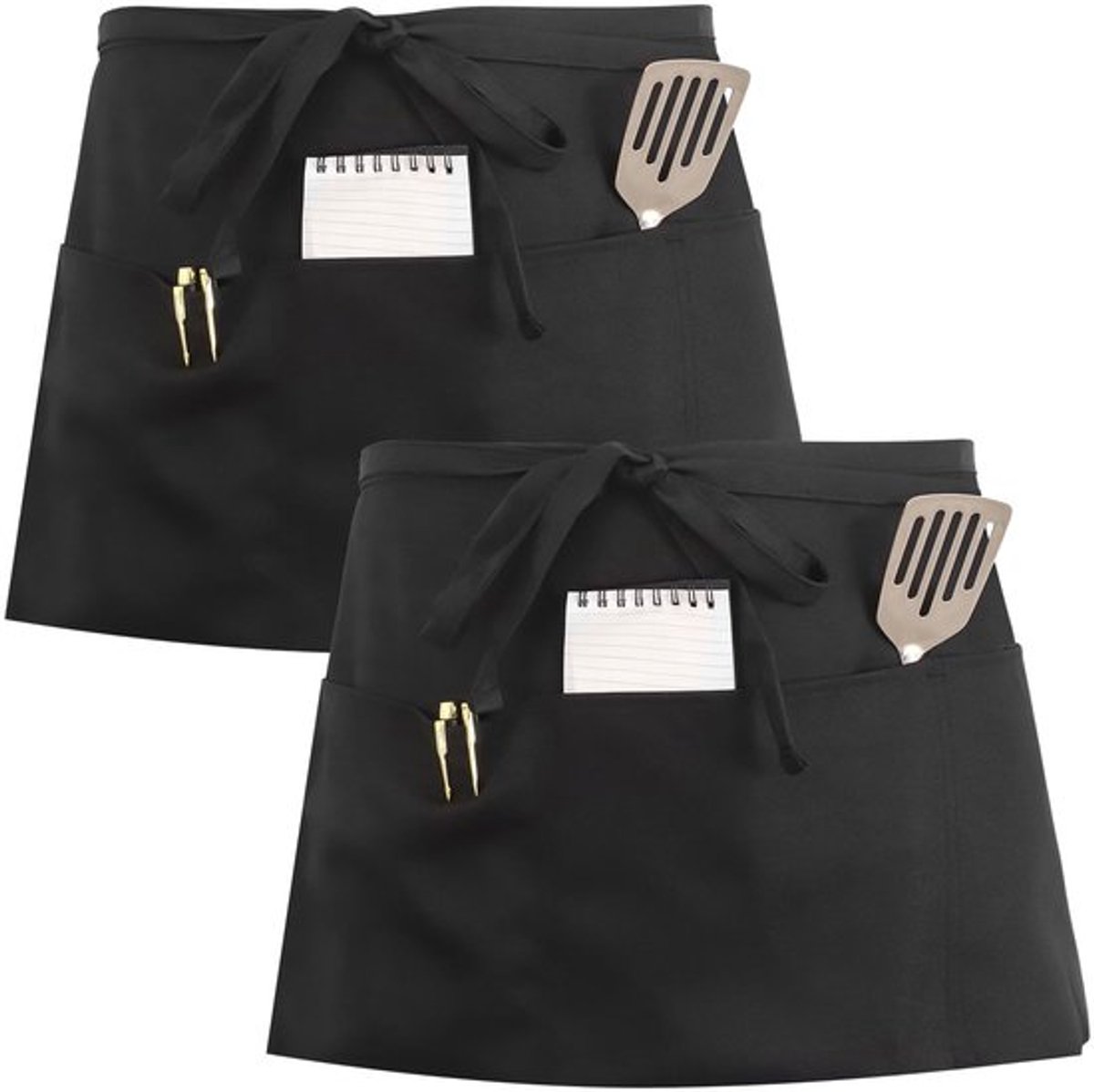 Yoosso Set van 2 keukenschorten, serverschort, zwart, waterdicht, met 3 zakken, kort schort voor mannen en vrouwen, obers, koks, keuken, bistro, restaurant, café