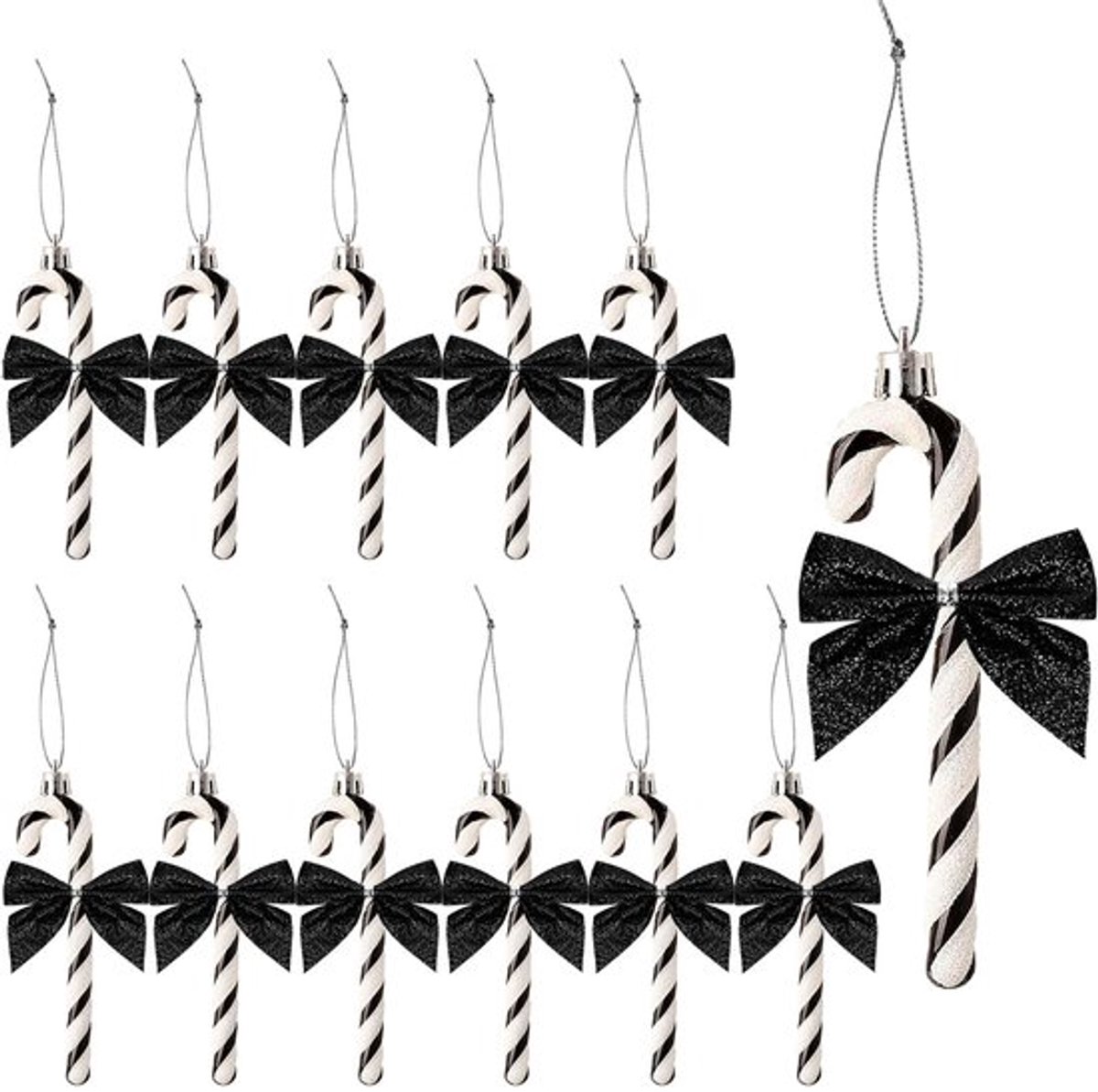 Kerstboomversiering 12 Stuks - Suikerstangen/Linten - Kersthangers - Ornamenten - Decoratie - Zwarte Kunststof - Kerstdecoratie