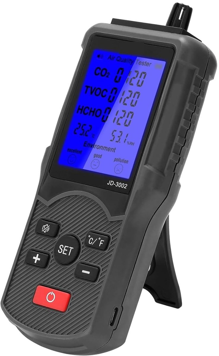 Luchtkwaliteitsmeter - CO2 detector - Binnenlucht meten - Multifunctioneel display - 17.6 cm - Wit