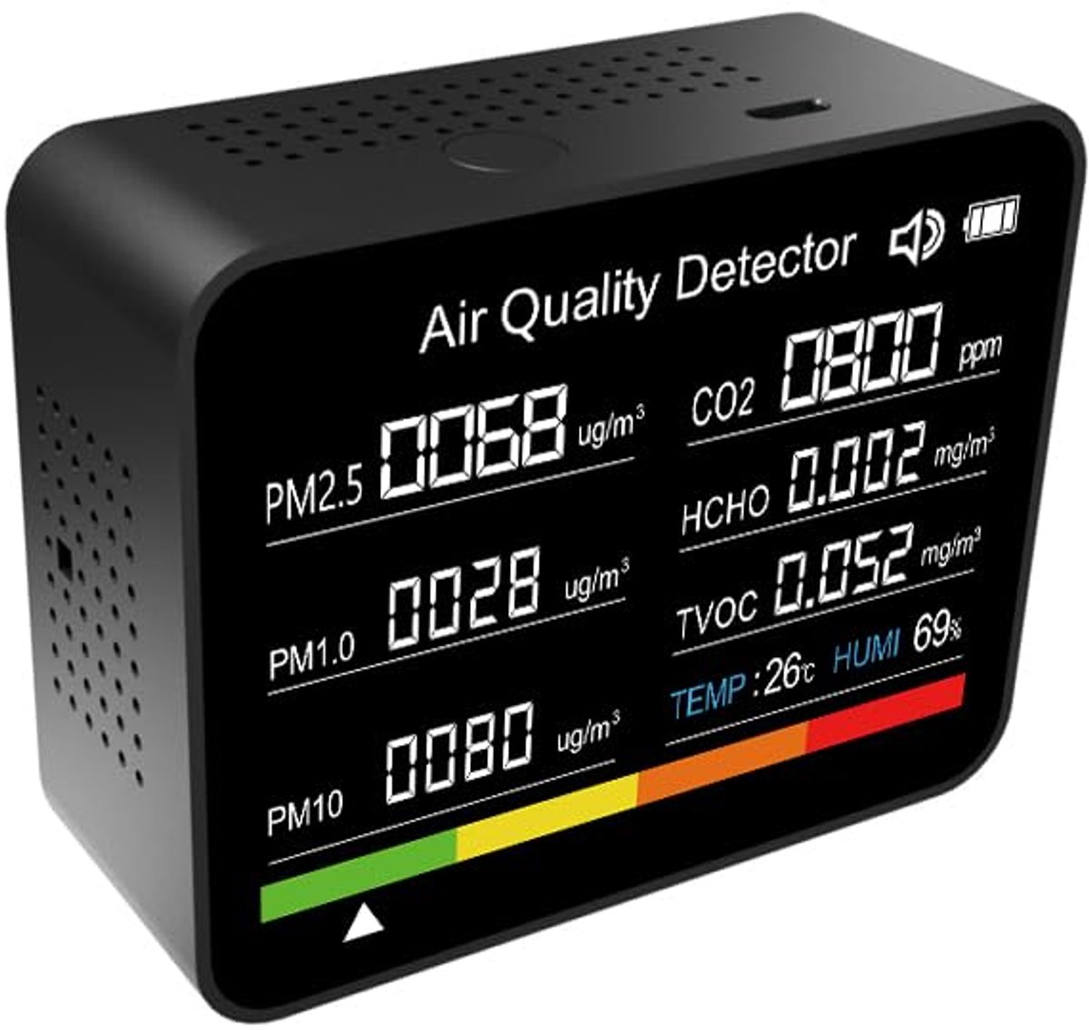 Luchtkwaliteitsmonitor - CO2-meter - Binnenklimaat Controleren - 8 in 1 Meting - 89 x 70 x 35 mm - Zwart