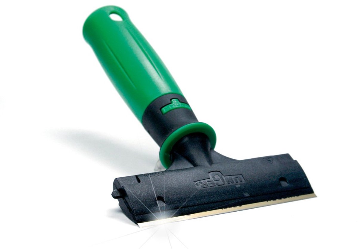 UNGER ErgoTec EG100 Glasschraper (breedte 10 cm, groot schrapervlak, incl. beschermkap, lemmet dubbelzijdig, 2-K handvat)