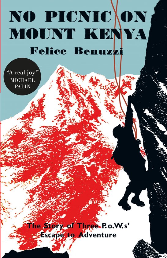 Boek kaft met rode berg en klimmer. Tekst: 'NO PICNIC ON MOUNT KENYA'