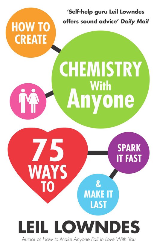 Boek 'How to Create Chemistry With Anyone'. Titel met bubbels: 'HOW TO CREATE', 'CHEMISTRY With Anyone', '75 WAYS TO', 'SPARK IT FAST', '& MAKE IT LAST'.