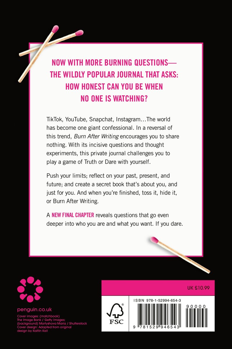 Boek met de titel 'Burn After Writing'. De achterkant heeft tekst over het boek, met twee lucifers bovenaan en onderaan.