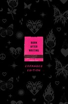Roze boek met de titel 'Burn After Writing' in zwarte letters en een zwarte band. Zwarte achtergrond met vlinders, harten en vlammen.