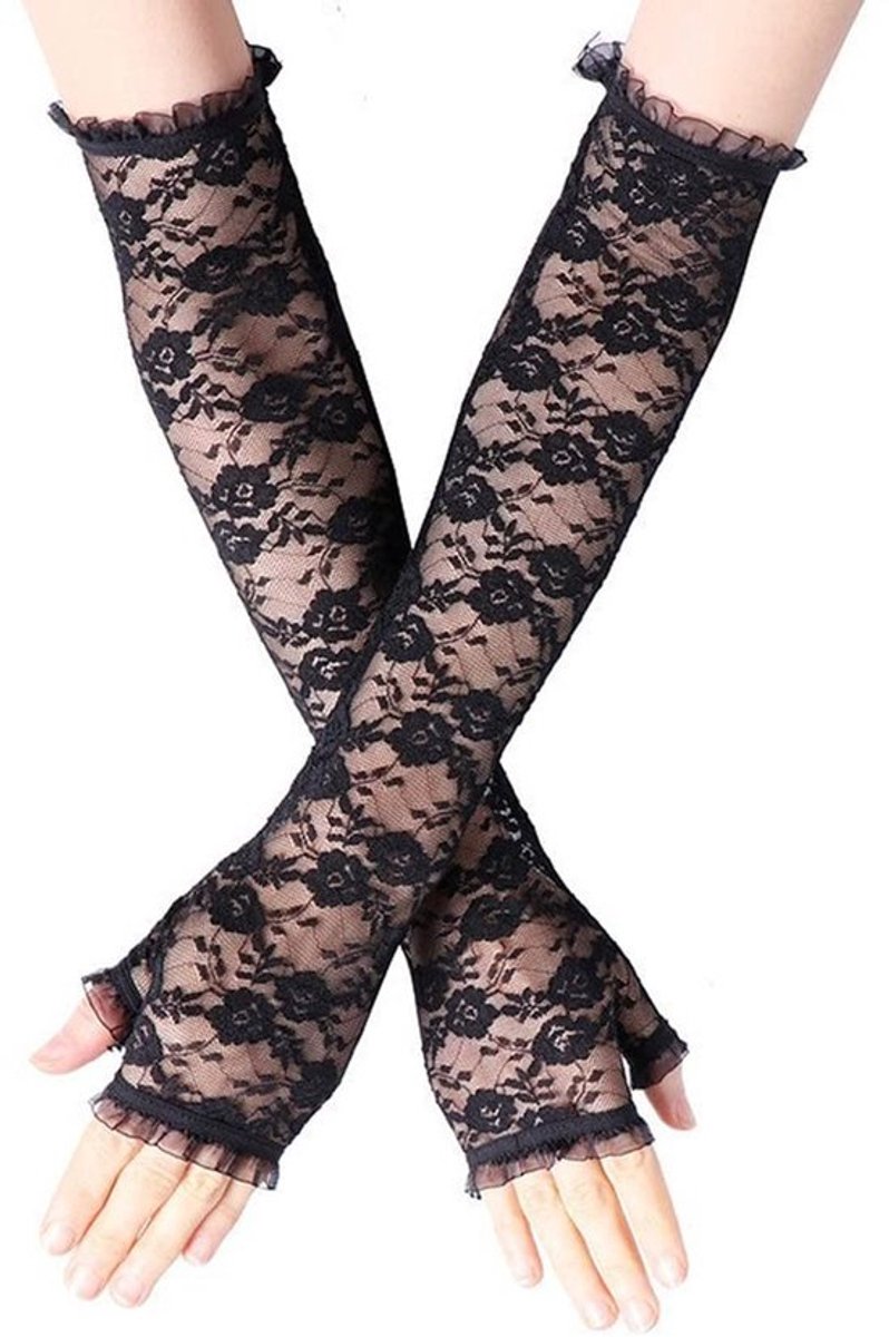 Zeynomax - Dames Lange Kanten Handschoenen - Elegante Feesthandschoenen - Zwart