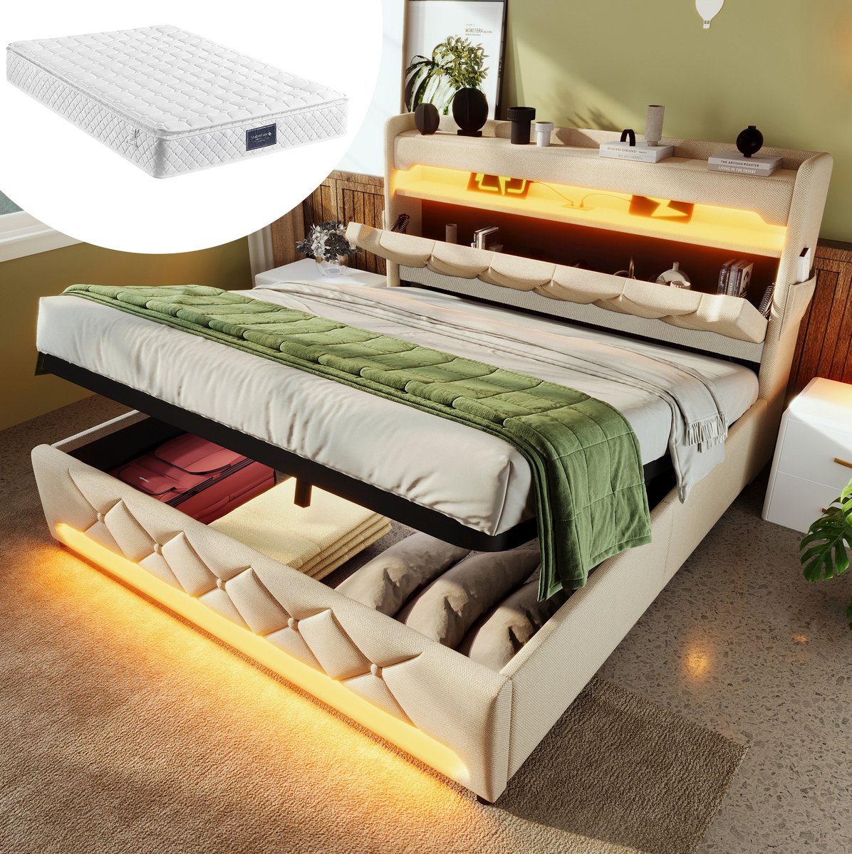 MEUNIQ tweepersoons bed 140x200 met matras, opbergbed met hydraulische bergruimte, hoofdbord met 3 USB en Type-C, 360 graden LED-verlichting, beige