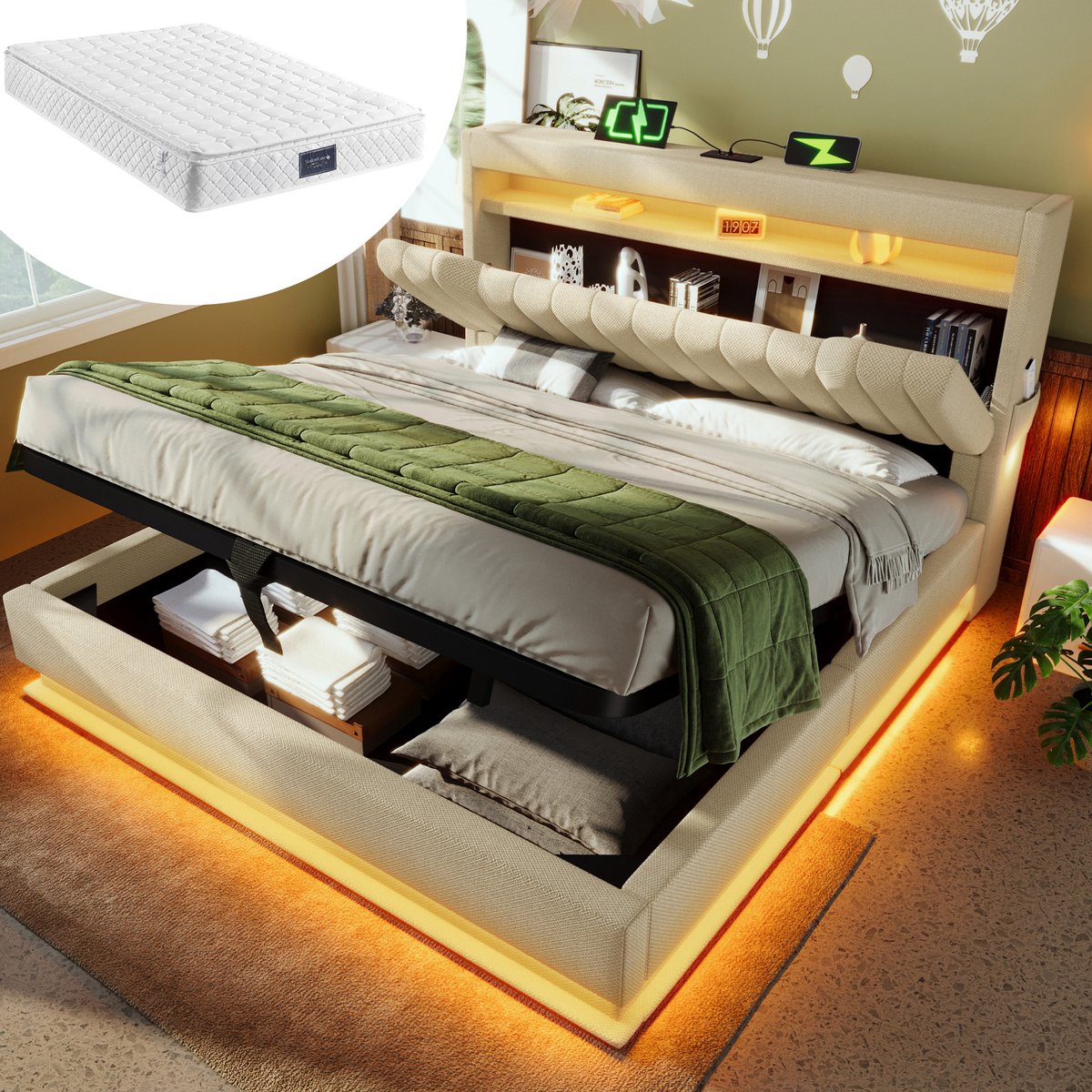 MEUNIQ tweepersoonsbed 140x200 cm met matras, opbergbed met hydraulische bergruimte, LED-verlichting, hoofdbord met USB en Type-C, stoffen bed beige