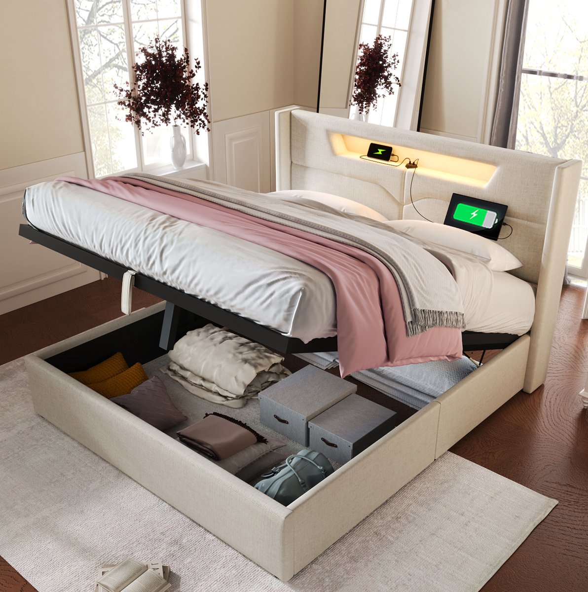 MEUNIQ Tweepersoons bedframe 140x200 cm met LED-verlichting, USB en Type-C, opbergruimte onder lattenbodem, stoffen bekleding, beige, voor slaapkamer