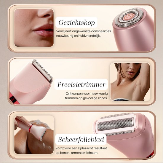 Gezichtskop, precisietrimmer en scheerfolieblad van de roze ladyshave.