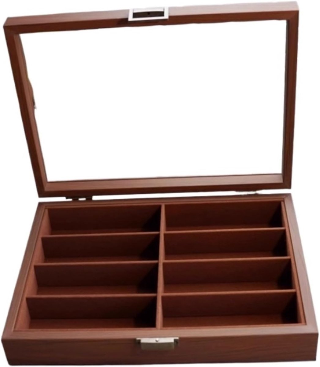 Brillenetui van hout - Zonneorganizer vitrine - Brillen opbergen - Zichtbare vitrinekast - 35 x 26 x 7.5 cm - Houtkleur