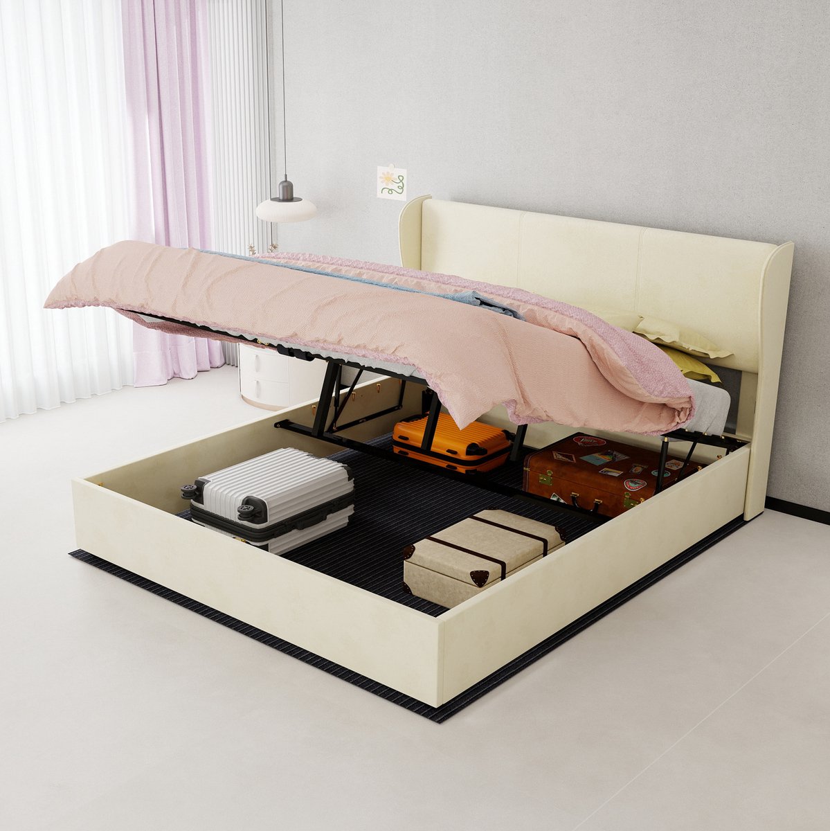 MEUNIQ gestoffeerd tweepersoons bed 160x200 cm met opbergruimte en gaslift, bedframe met hoge rugleuning en lattenbodem voor slaapkamer, beige, matras niet inbegrepen