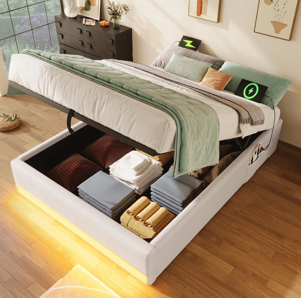MEUNIQ gestoffeerd bed 90x200 cm met hydraulische opbergruimte, LED-verlichting, USB en Type-C, zijvakken, zonder hoofdbord, bedframe voor slaapkamer, beige