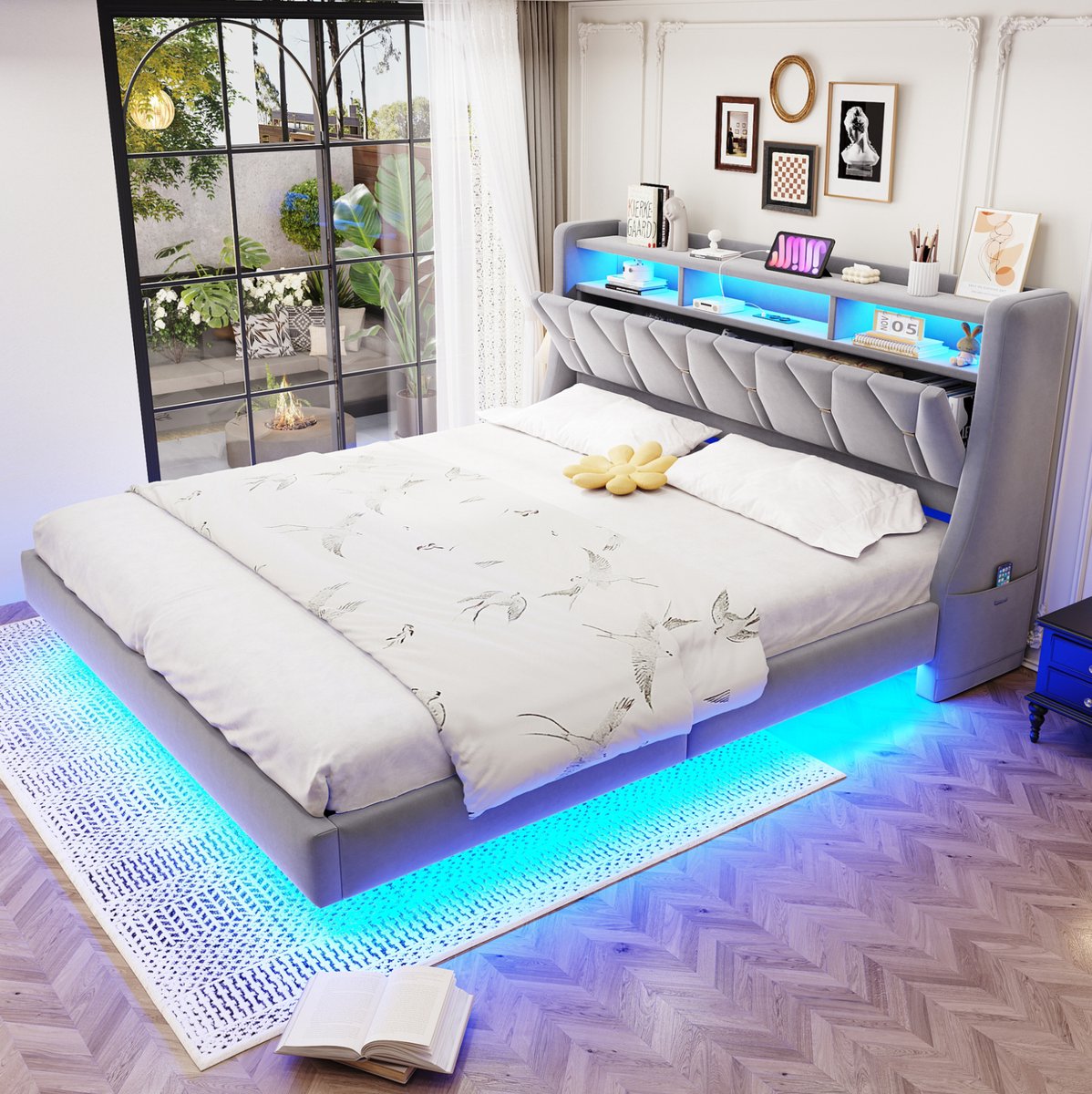 MEUNIQ gestoffeerd bed 180 x 200 cm met opklapbaar hoofdbord, opbergvakken, stopcontact, USB en Type-C, LED-verlichting, lattenbodem, slaapkamer, lichtgrijs
