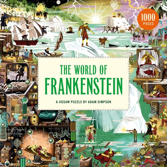 Puzzeldoos met de titel 'The World of Frankenstein' en illustraties van scènes uit het verhaal, waaronder een monster op een ijsberg en een laboratorium.