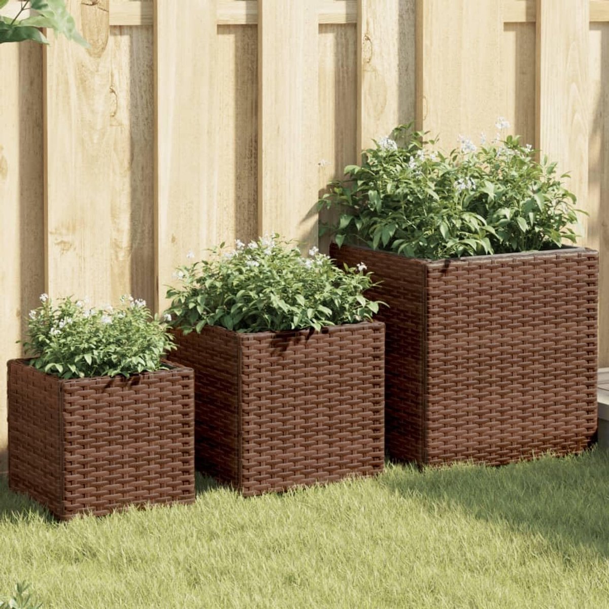 Plantenbak Set - Bloembakken Buiten - Tuin Decoratie - Duurzaam Polyrotan - 3 stuks 40cm - Bruin