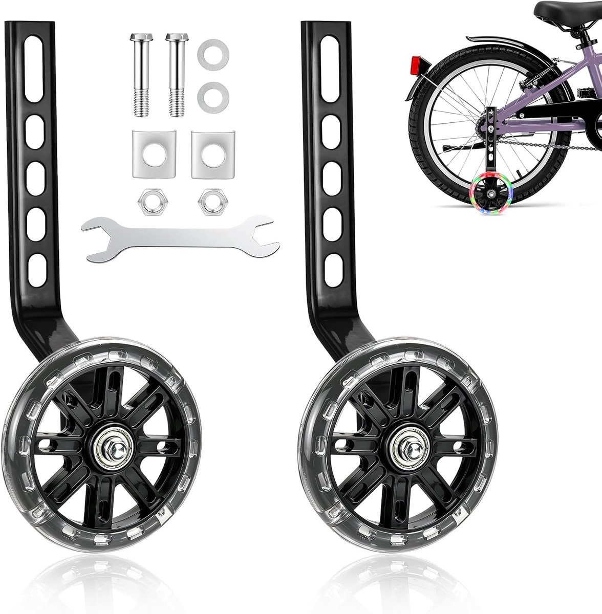 Hulpwielen Kinderfiets Zijwieltjes Set Veilig Leren Fietsen Knipperlicht Functie 12-20 Inch Zwart