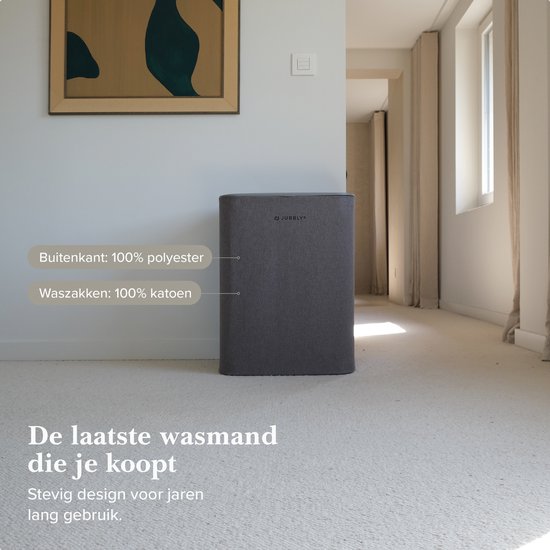 Jubbly® - Wasmand - Wassorteerder - Wasmand met Deksel - Wasmand 2 vakken - Wasmand opvouwbaar - Wasbox - 50 Liter - Grijs - The Splitsmart