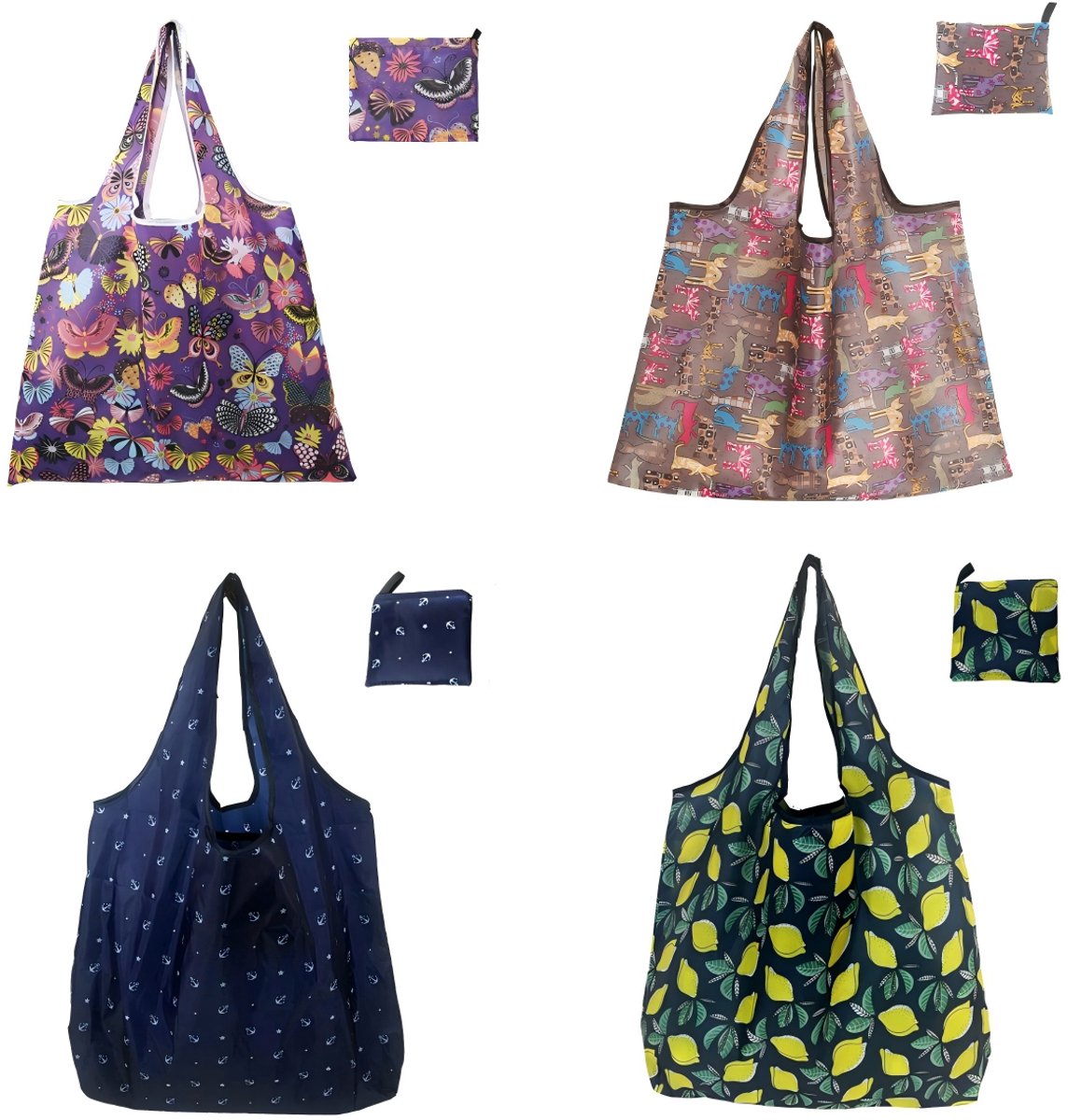 Set van 4 – Opvouwbare boodschappentassen – 46 x 60 cm – Grote opvouwbare boodschappentassen – Herbruikbaar – Geschikt voor boodschappen, reizen en dagelijks gebruik – Set 7