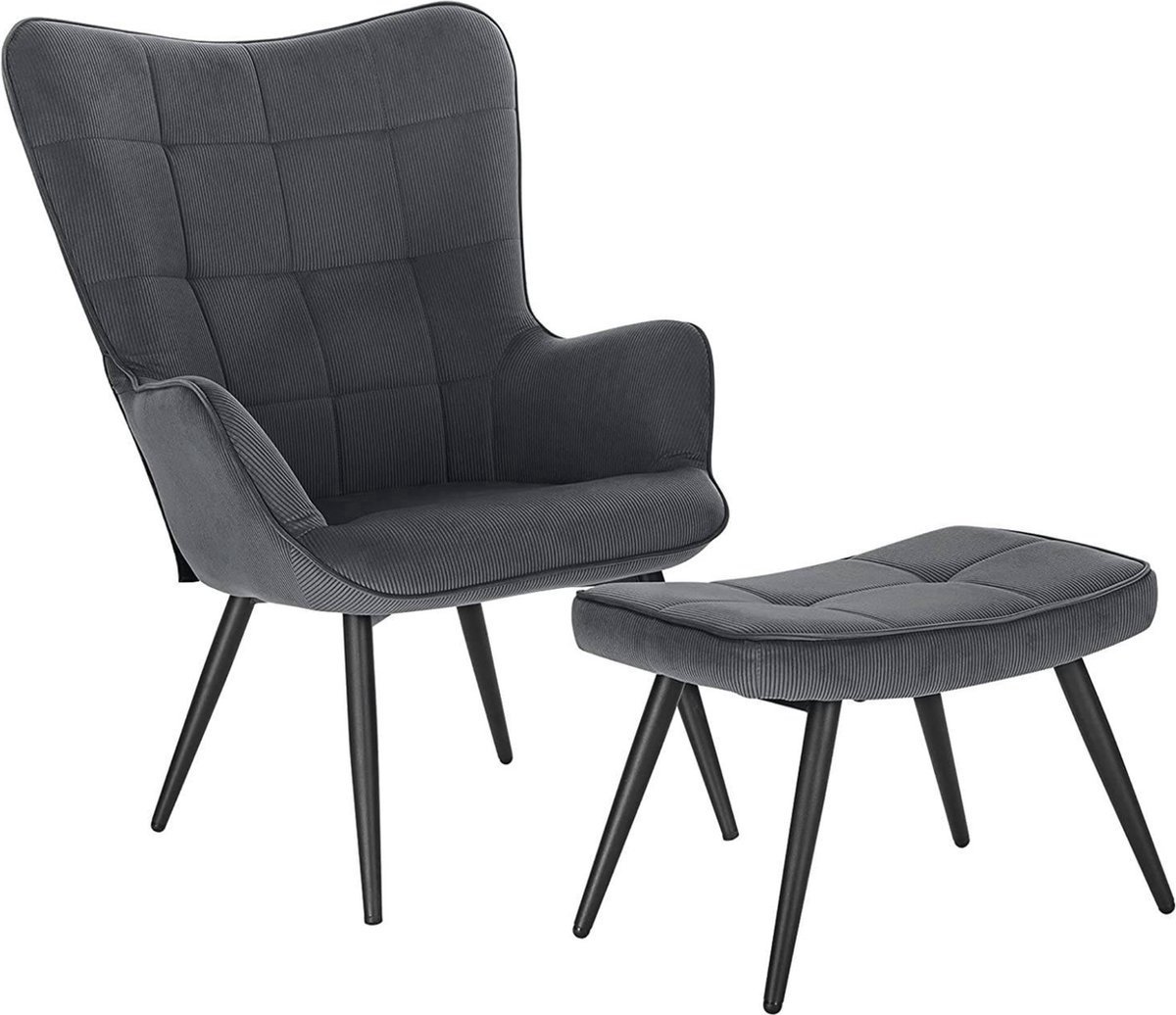 Saphly Fauteuil Deluxe met Hocker Donkergrijs - Donkergrijs Corduroy en Woonkamerstoel met armleuning en voetenbank - Voor Eetkamer, Keuken en Woonkamer