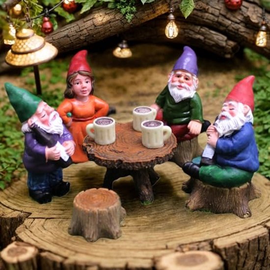 Lot de 6 nains de jardin - Figurines en résine réalistes avec table et tabouret - Décoration pour jardin et extérieur - ModernStore