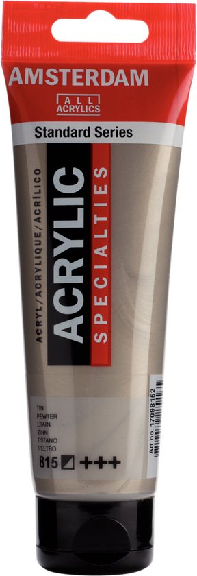 Tube de peinture acrylique Amsterdam Standard Series avec inscription rouge et argentée, couleur 'Tin 815'.