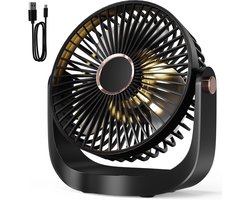 Solvix tafel ventilator geluidloos - Tafelfan met Nachtlamp - Zwart - Oplaadbare USB Fan - 5 Snelheden - Voor Thuis, Kantoor en Reis