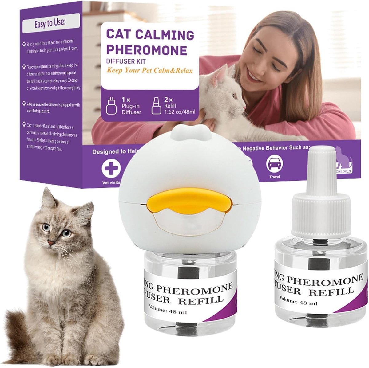 Thijox - Kalmerende Kattendiffuser met Feromoonoplossing voor Stressvermindering, 2 Navullingen voor 30 Dagen Effect, Vermindert Krassen en Onzuiverhe