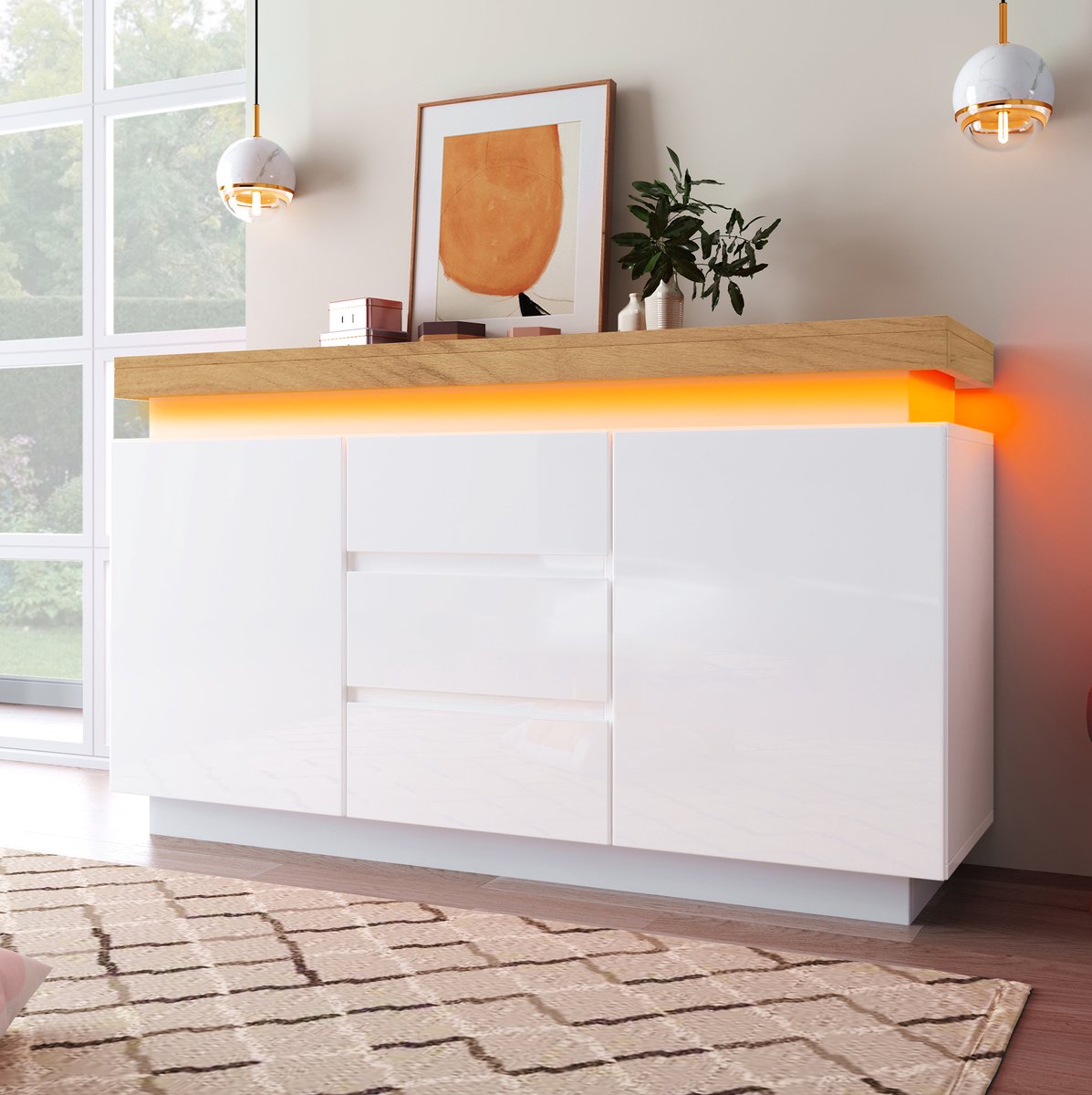 MEUNIQ dressoir kommode 140 x 39 x 81 cm met 2 deuren, 3 lades, verstelbare plank en LED-verlichting met appbediening voor woonkamer of slaapkamer, wit