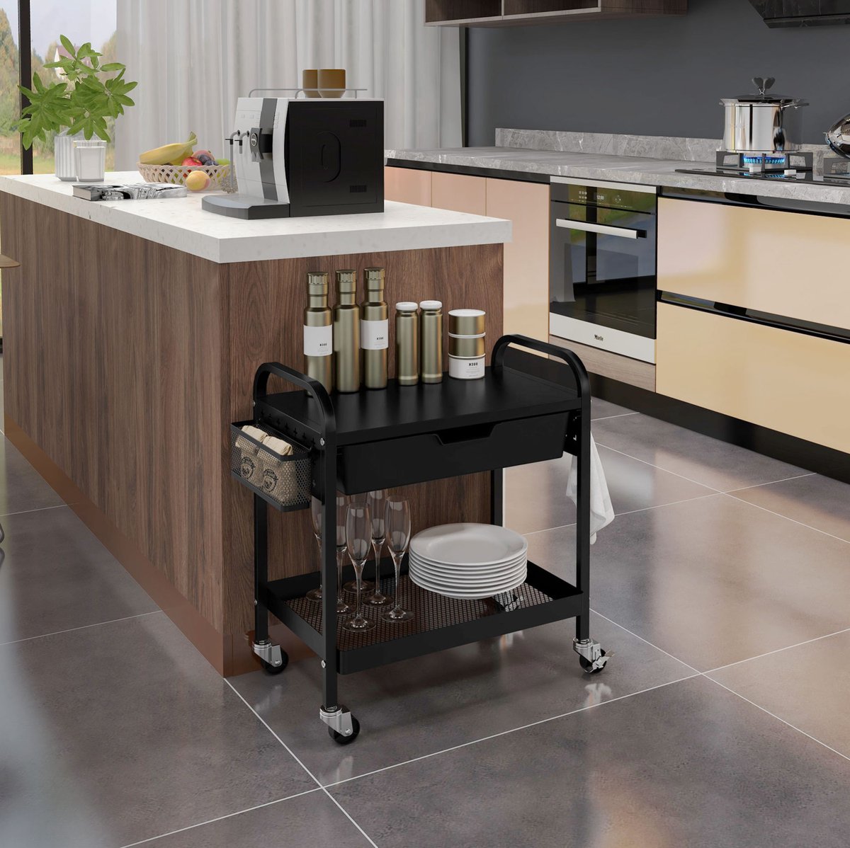 MEUNIQ keukentrolley 61 x 32,6 x 58,5 cm met 1 lade, onderplank, 3 haken en 4 wielen met 2 remmen, servierwagen en opbergwagen voor keuken of woonkamer, zwart