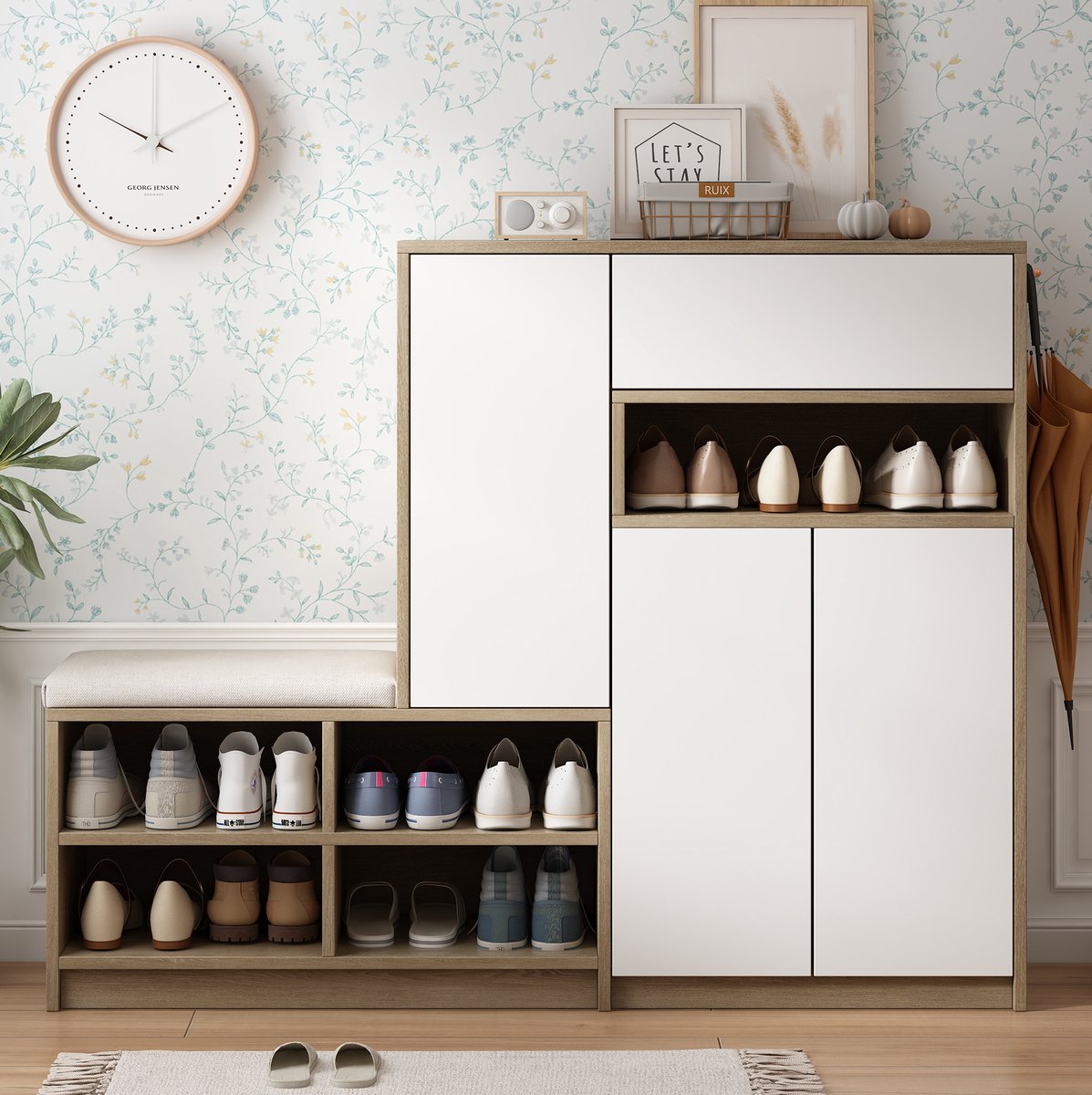 MEUNIQ schoenenkast met zitbank 140 x 35 x 110 cm, wit, met gevoerd zitkussen, verstelbare planken en deuren, voor hal en entree