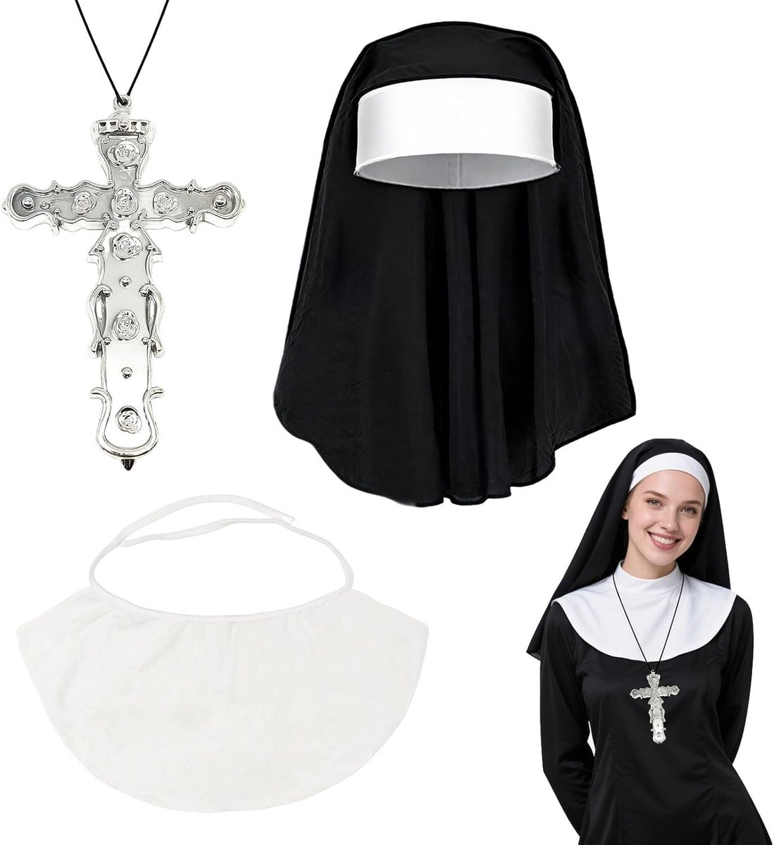 3-delige Halloween Nonnen Kostuums voor Vrouwen met Hoofdbedekking, Kruis Ketting en Accessoires voor Cosplay en Feestjes