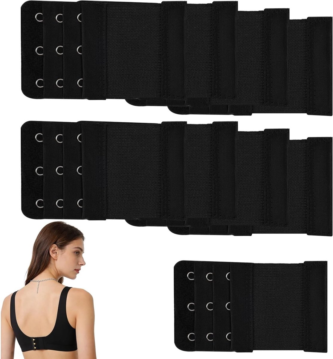 Zwarte BH-verlenger met 3 haakjes, set van 9 stuks, zachte elastische verlenger voor dames, ideaal voor extra comfort en pasvorm, breedte 5,5 cm, lengte 9,7 cm, duurzaam polyester met roestvrijstalen haakjes