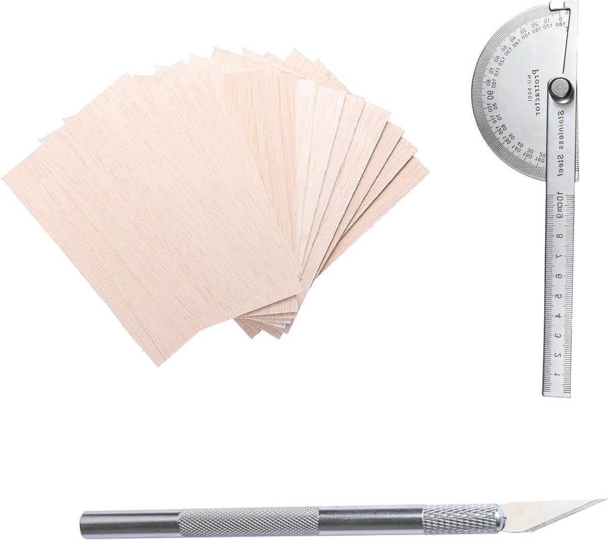 Paulownia Houten Plaat 10 stuks (200 x 100 x 1 mm) met 180° Protractor en Mes voor Houtsnijwerk, Schilderen en DIY Creaties