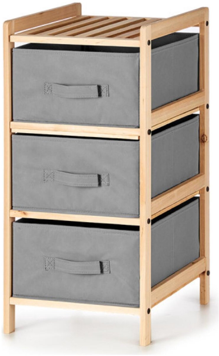 Kipit Opbergkast Bamboe - 3 mandjes - grijs - 36 x 34 x 66 cm - hout/stof - opbergen