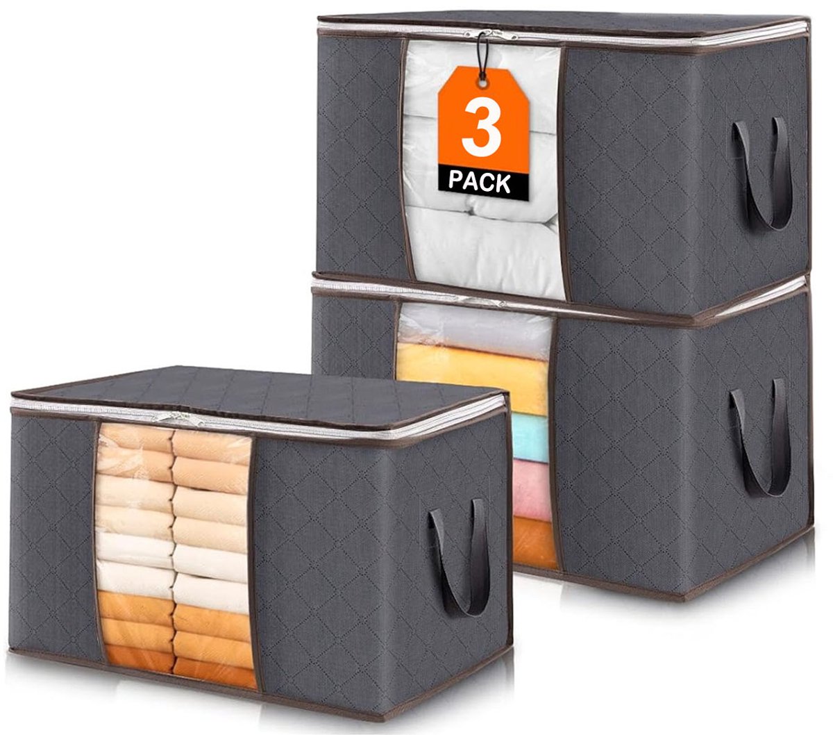 Opbergtassen Set 3 Stuks 90L - Opbergboxen met Deksel en Kijkvenster - Opvouwbare Kleding Opbergzakken voor Dekens, Beddengoed en Verhuizing - Kast Organizer - Opbergtas