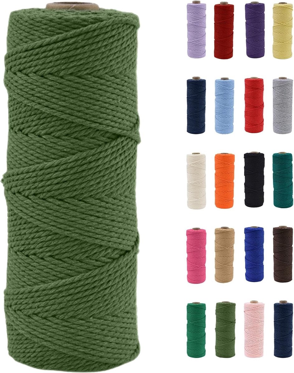 Natuurlijke Katoenen Macrame Touw 100m in Avocado Groen, Chemievrij voor DIY Creaties, Macrame Kunst en Cadeauverpakkingen