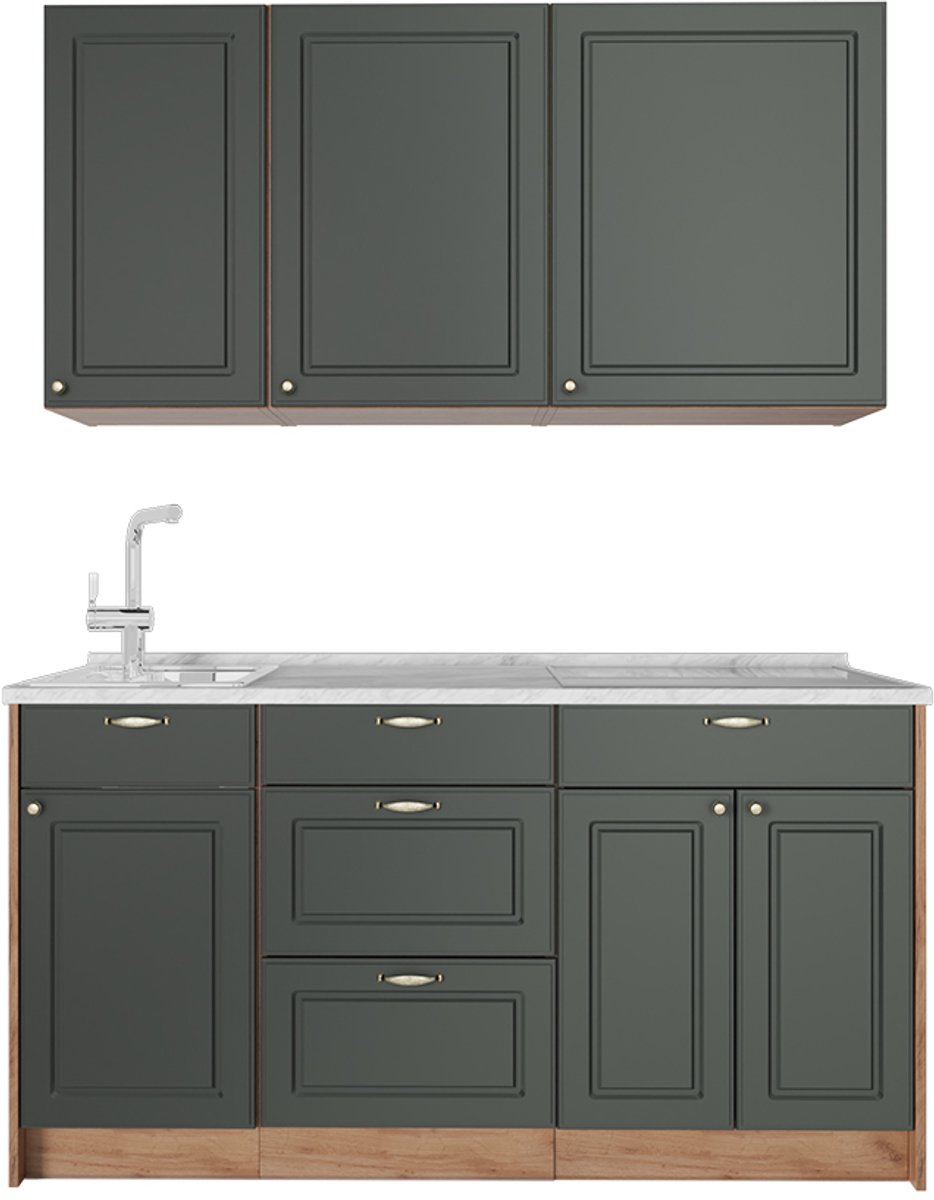 Vicco Eenpersoonskeuken Fame-Line, Groen-Goud Landhuis/Goudkleurig Eiken, 150 cm, WB Marmer