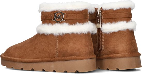 Bruine Michael Kors laarsjes met witte bontrand, MK logo gesp en rits aan de zijkant.