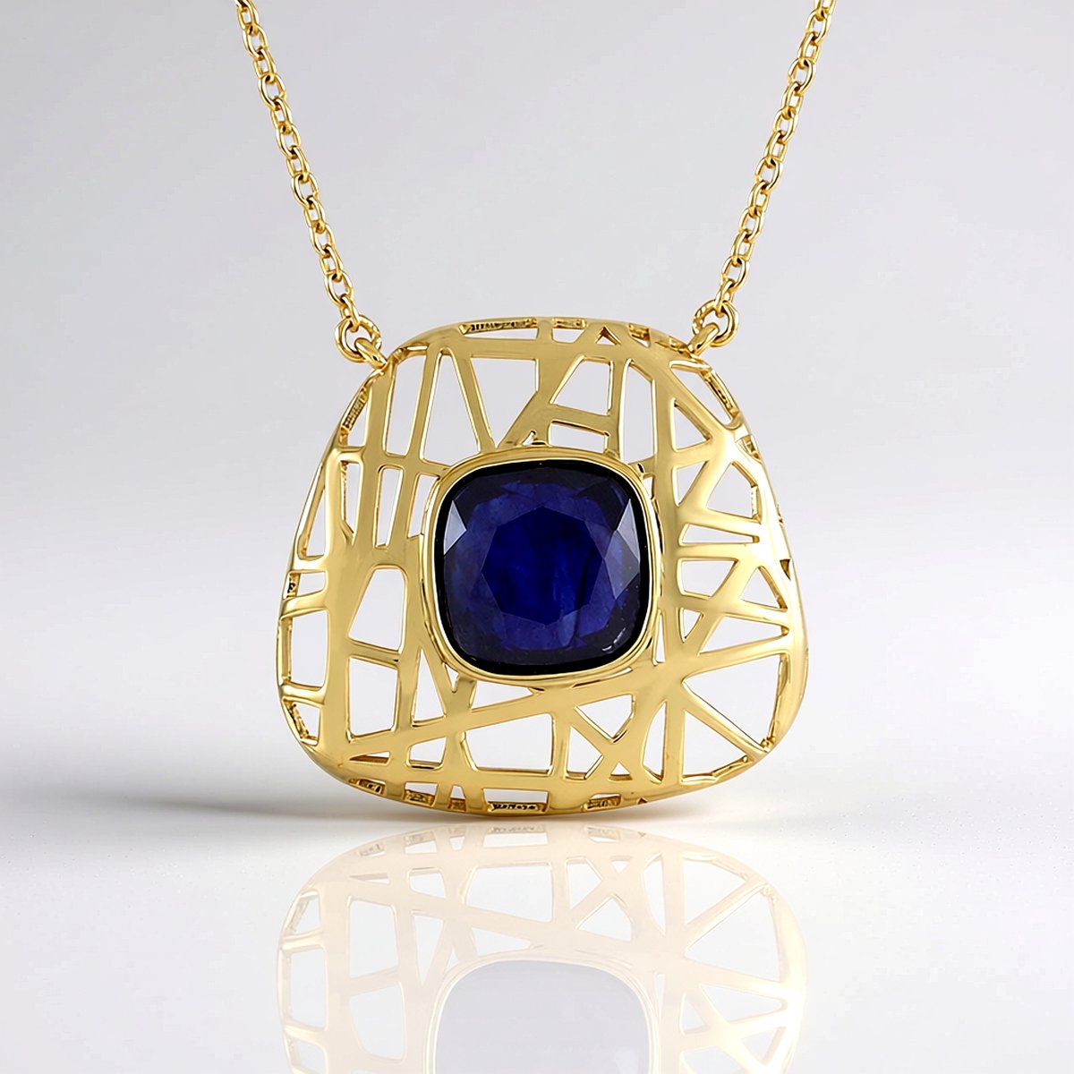 Cavill - Halsketting 925 Sterling Zilver Verguld - 2,7 ct Madagaskar Blauwe Saffier - Luxe Antiek Kussen slijp - Geometrisch - 45,5 cm