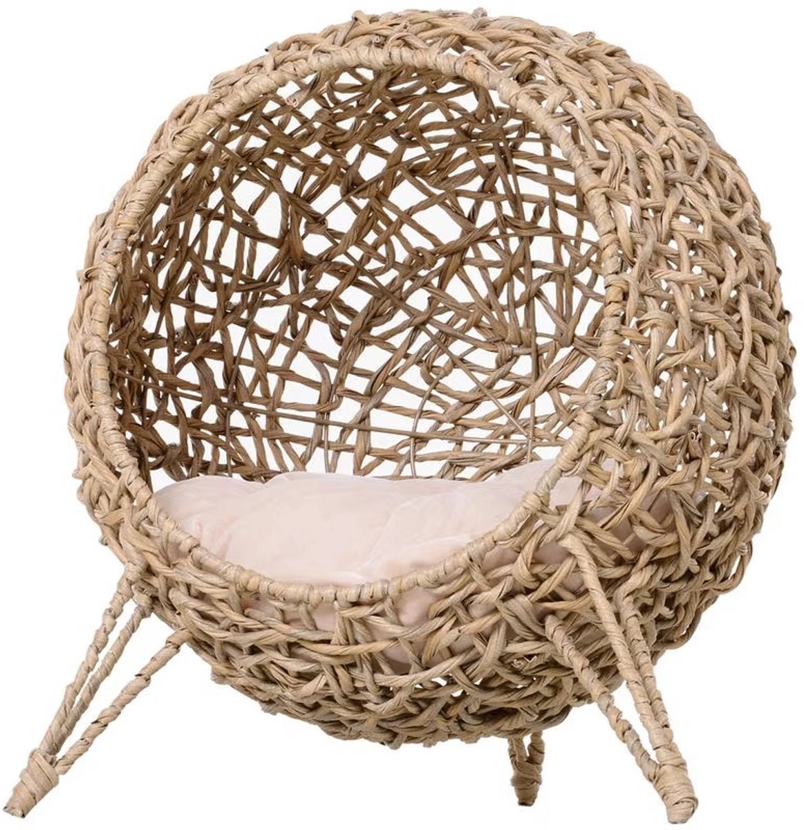 JOYNEXTBUY - Kattenhuis Rotan met Kussen – Kattenmand met Verhoogde Poten – Kattenhol voor Binnen – Ø52x58cm – Kunststof - Naturel