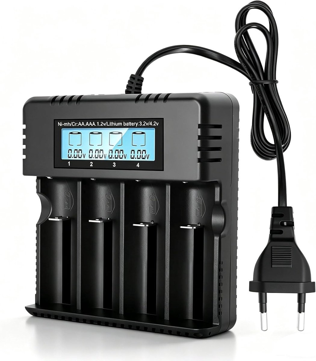 Li-ion Acculader - Zwart - 4 Sleuven - Slimme LCD-Oplader voor Diverse Accu's - Voor Thuisgebruik