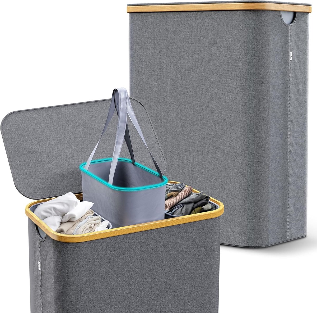Wasmand met 3 Vakken - Grijs - 160 l - Bamboeframe met Metalen Ringen - Voor Huishoudens