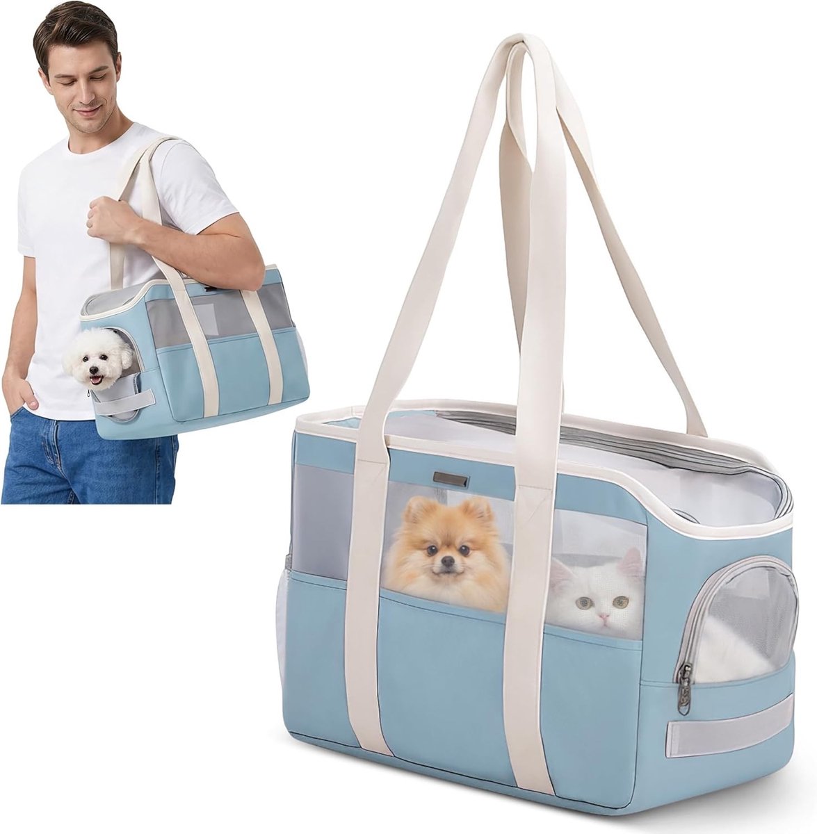 Zachte Hondenhandtas - Hemelblauw - 40 x 20 x 26 cm - Opvouwbare Ademend Draagtasje met Veiligheidshaak - Voor Kleine Honden en Katten