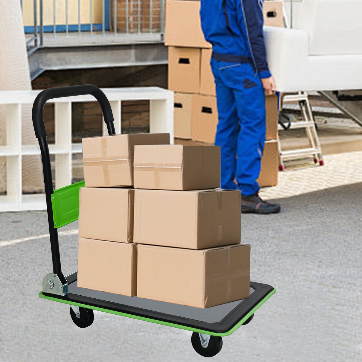 COVREO Opvouwbare platformwagen 83 cm hoog groen metaal, 360 graden zwenkwielen