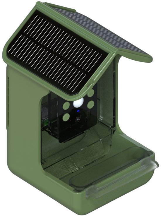 Groen vogelvoederhuisje met zonnepaneel en open voerbak.