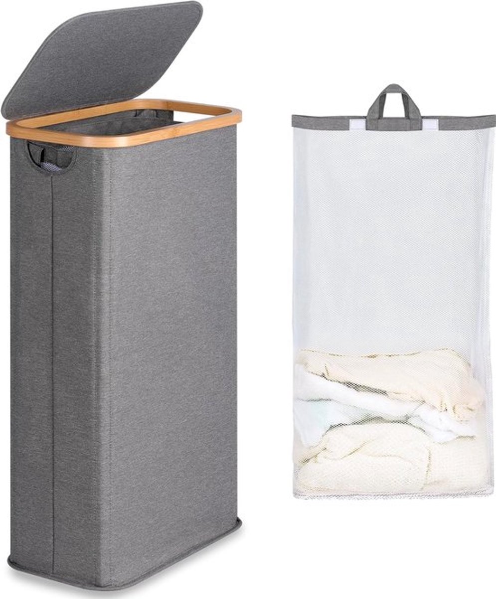 Smal wasmand met deksel - 63 liter - grijs - opvouwbaar - bamboe handgrepen