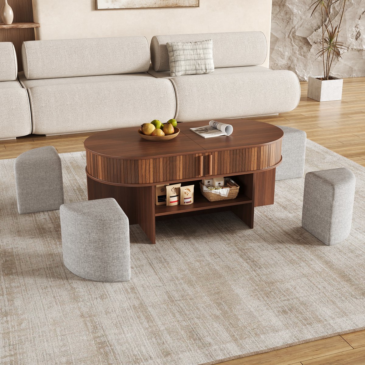 DESMIU Salontafel - Ovale Opbergruimte Met Schuifdeuren En Stoffen Hockers - Woonkamer - Walnoot - 120x60x51,5 Cm