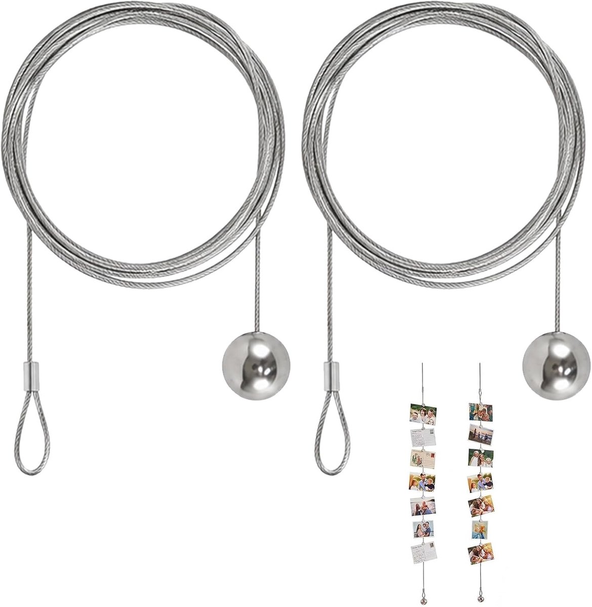 SnelShoppen - Foto Ophangset - 2 Stuks 200 cm Metaaldraad, RVS 304, Zilver - Ideaal voor het Ophangen van Foto's, Kaarten, Brochures en Memolijstjes
