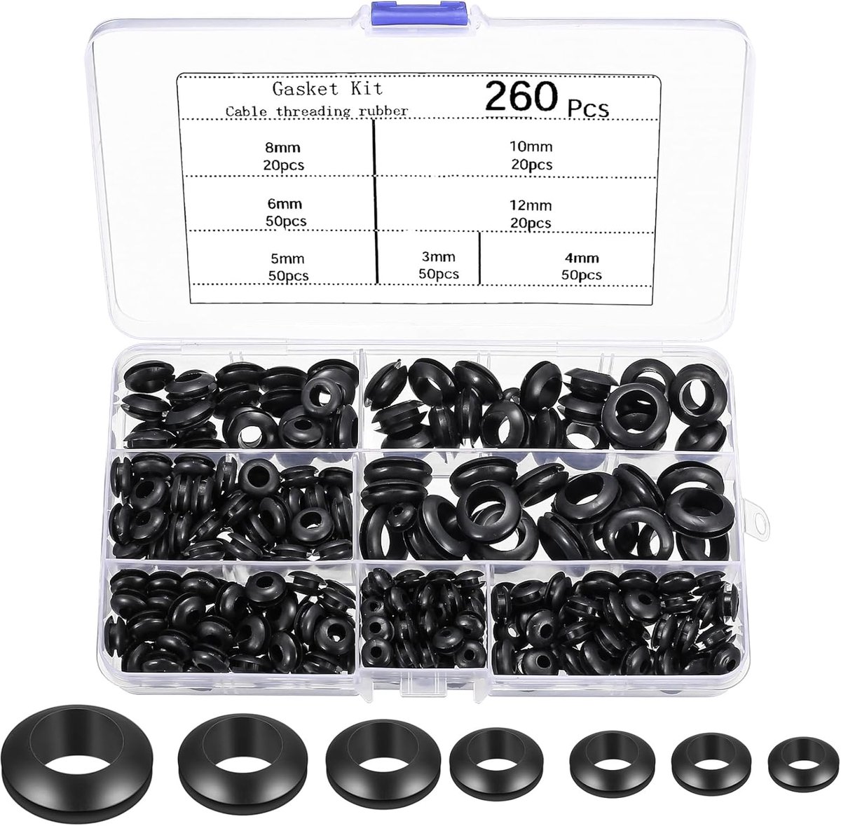 SnelShoppen - 260 Stuks Kabeldoorvoeren Rubber Set, 7 Maten Kabeldoorvoeren, Rubber Afsluitdoppen, Ronde Rubber Pakking voor Kabelbescherming Auto Ele